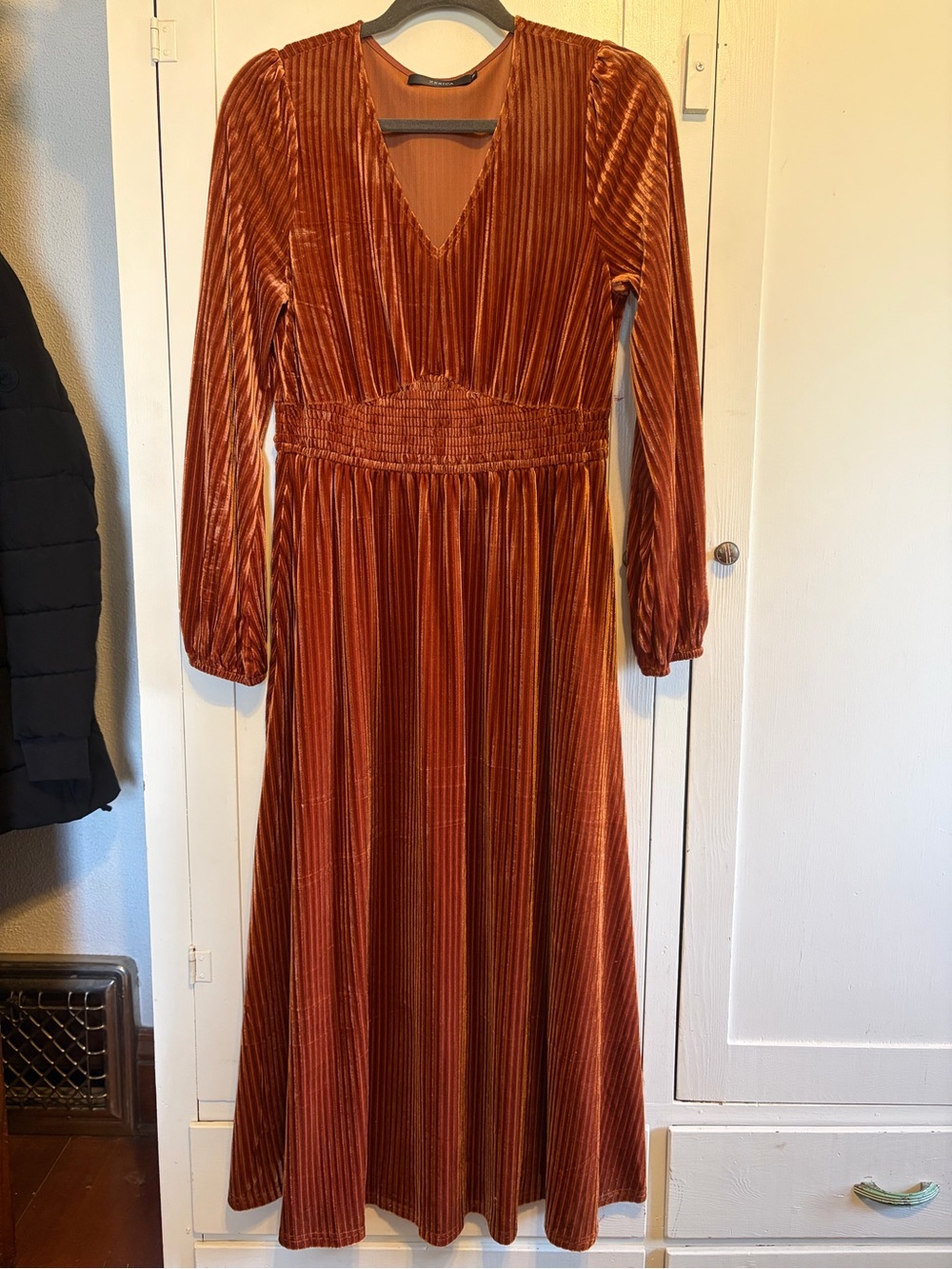 Rust Velvet Maxi Dress with Smocked Waist and V-Neck